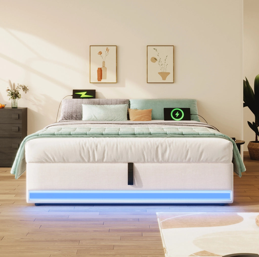 Letto contenitore 140x200 cm con LED multicolore e vano idraulico in lino beige