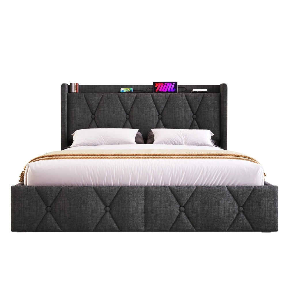 Letto imbottito con 4 cassetti e testa ¨C Minimal ¨C grigio legno 140x200cm