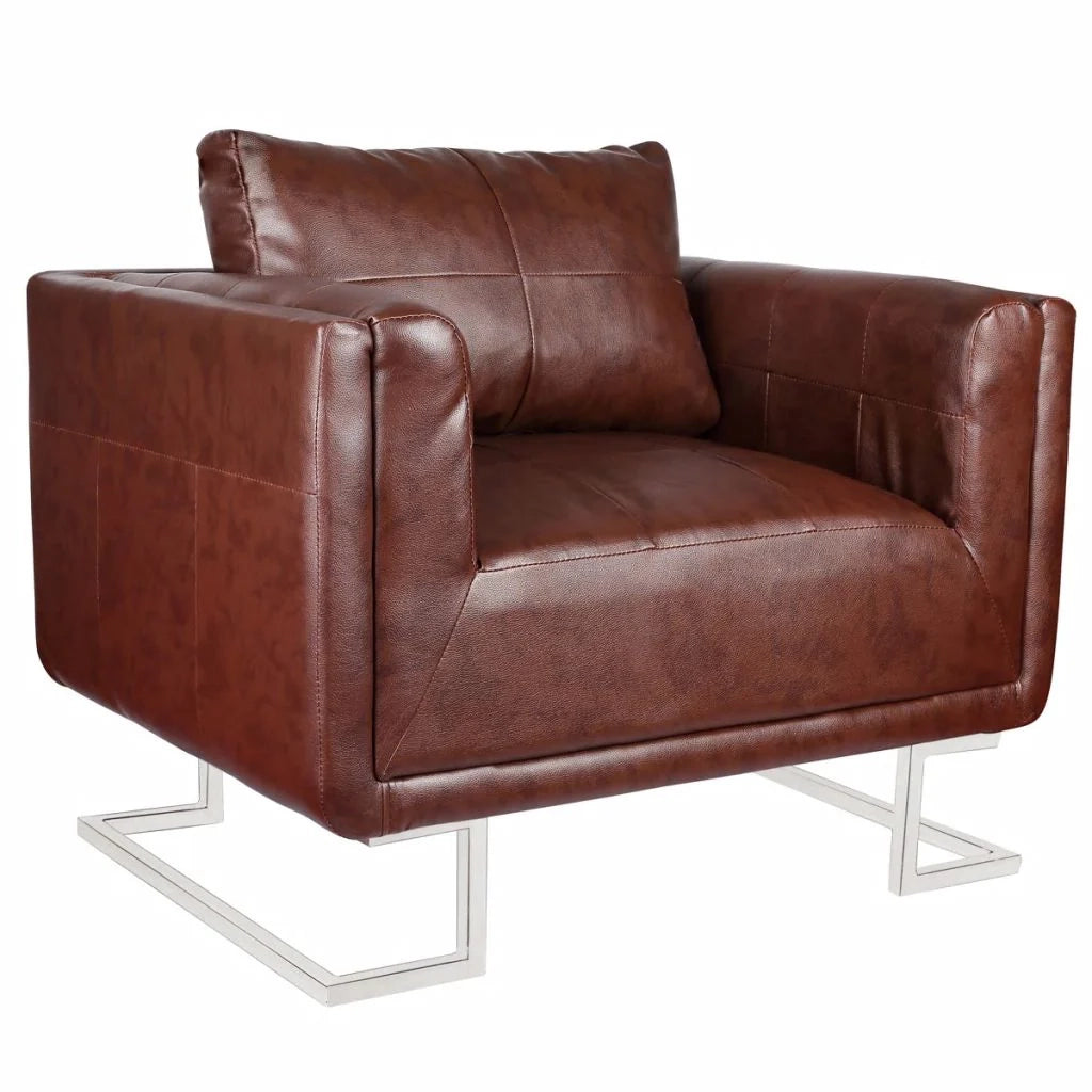 Poltrona sedia design lounge sedile club divano cubo da soggiorno con gambe cromate in pelle sintetica marrone 1102041/3