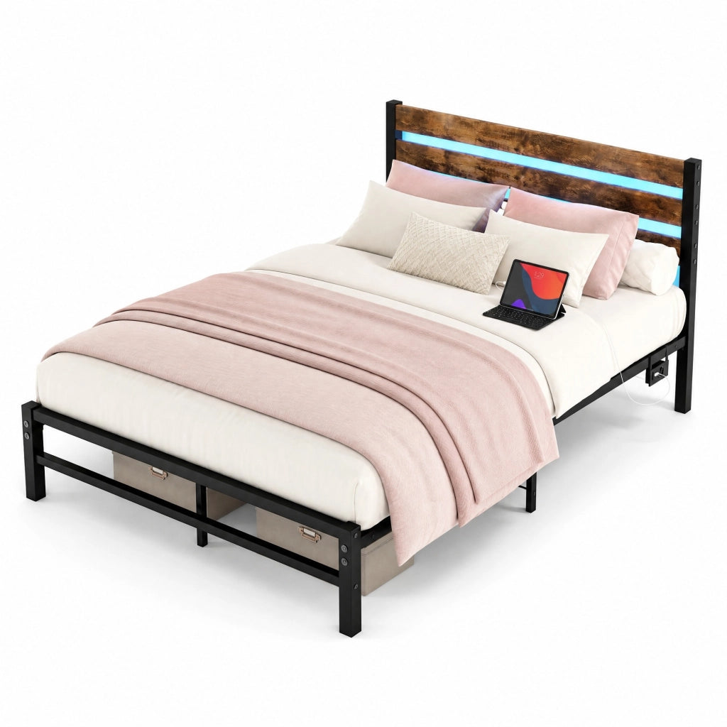 Letto matrimoniale 120x200 cm in metallo e MDF con testiera in legno, LED RGB e contenitore sottoletto
