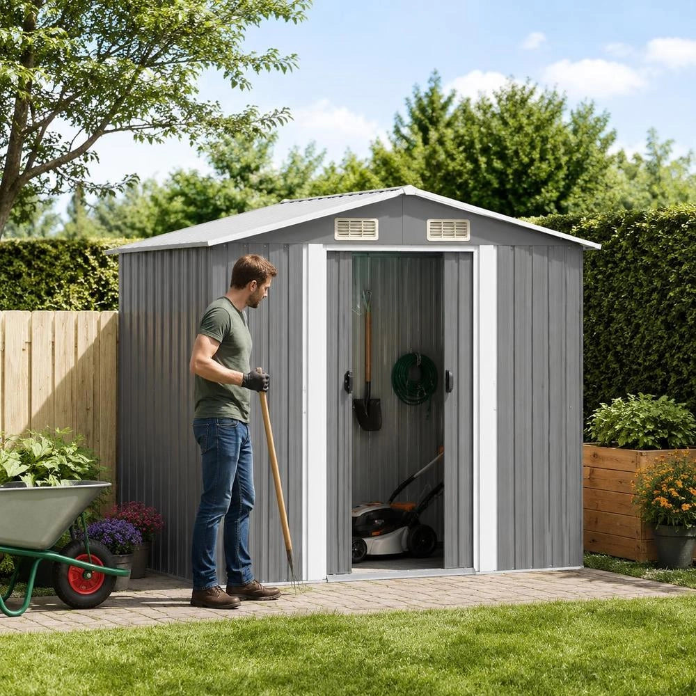 Garden Shed, Grey Metal, 204 X 132 X 186 Cm