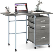 Scrivania Salvaspazio con 3 Cassetti e Ruote Bloccabili, Scrivania Porta PC Pieghevole con Struttura in Metallo per Studio e Ufficio, 105 x 50 x 75 cm, Portata 100 kg (Grigio)
