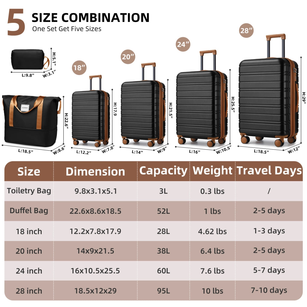 Set di valigie 6 pezzi con valigie espandibili rigide, ruote girevoli e borsa da viaggio in ABS nero
