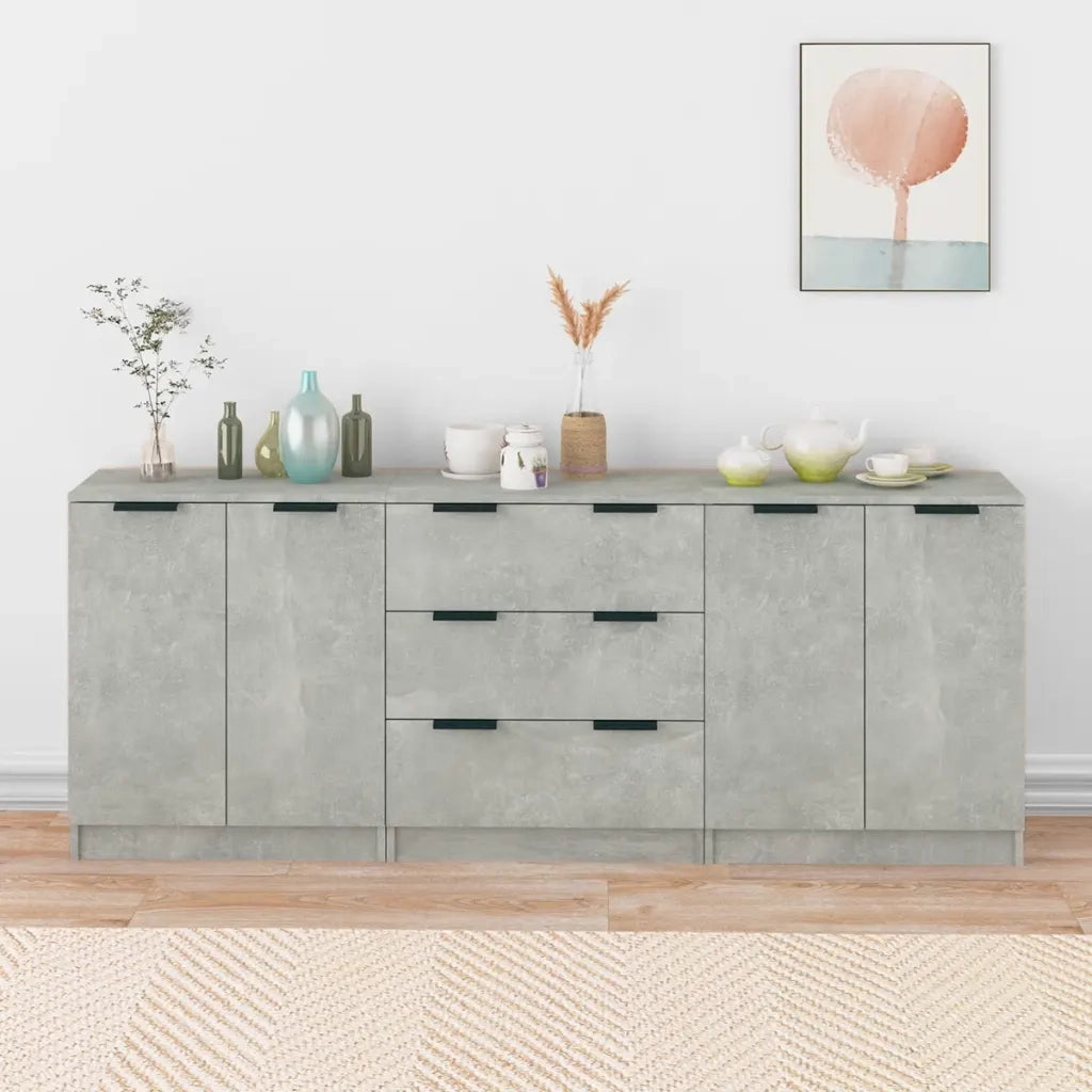 Credenze 3 pz | Madia | Buffet da pranzo | Armadio da pranzo Grigio Cemento in Legno Multistrato