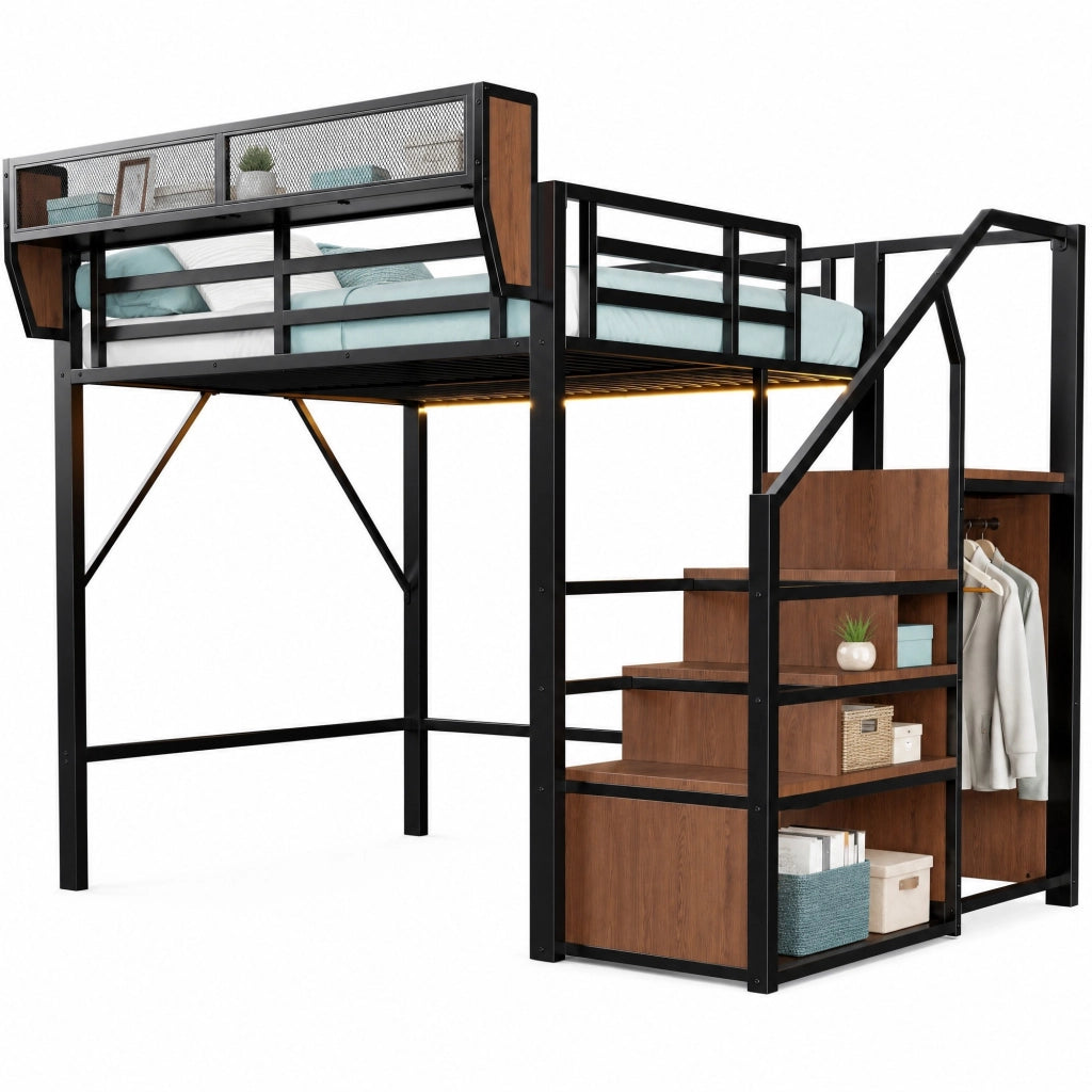 LETTO A CASTELLO 140x200 cm in metallo nero con scala e LED