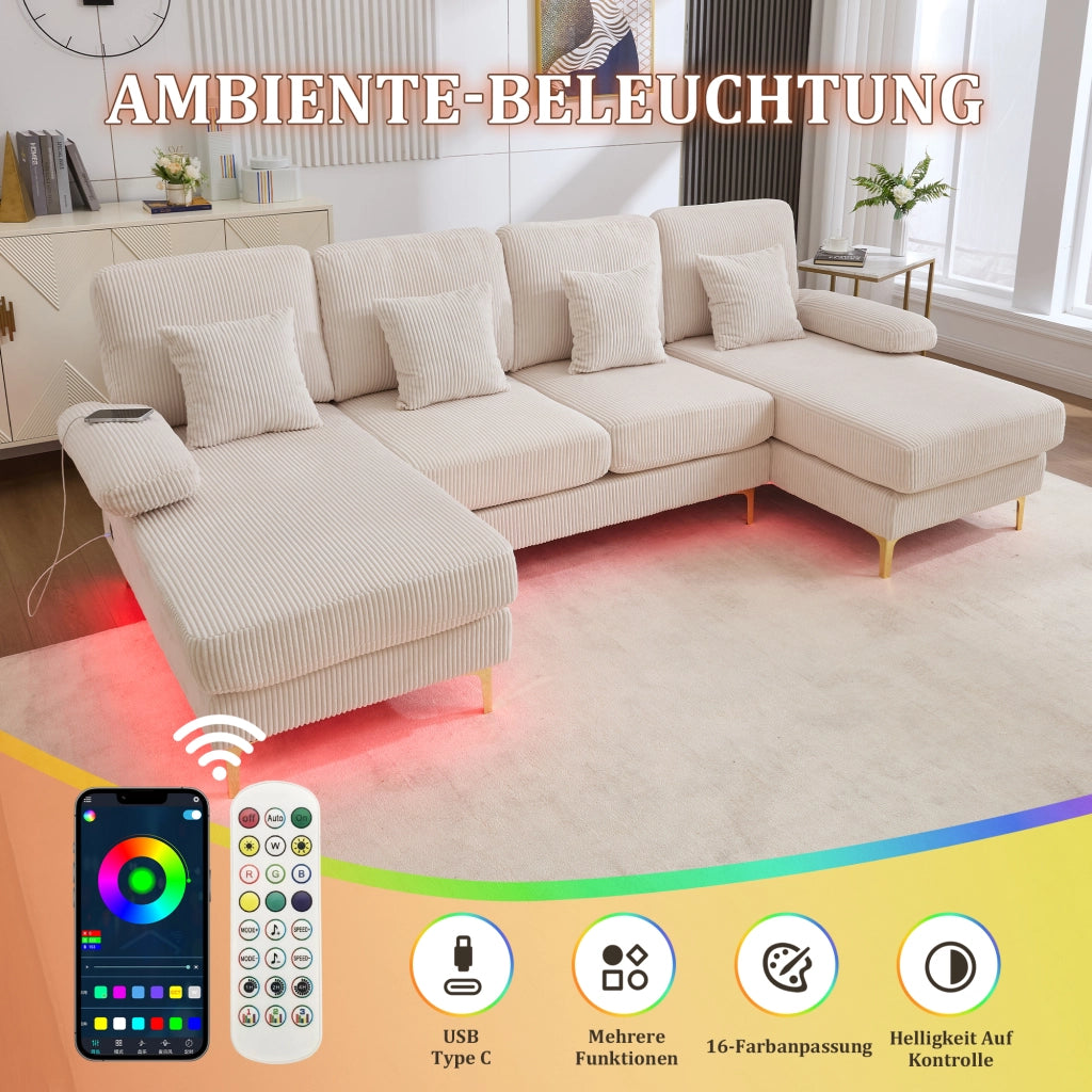 DIVANO U angolare 265x135x88 cm in velluto beige con LED e porta USB