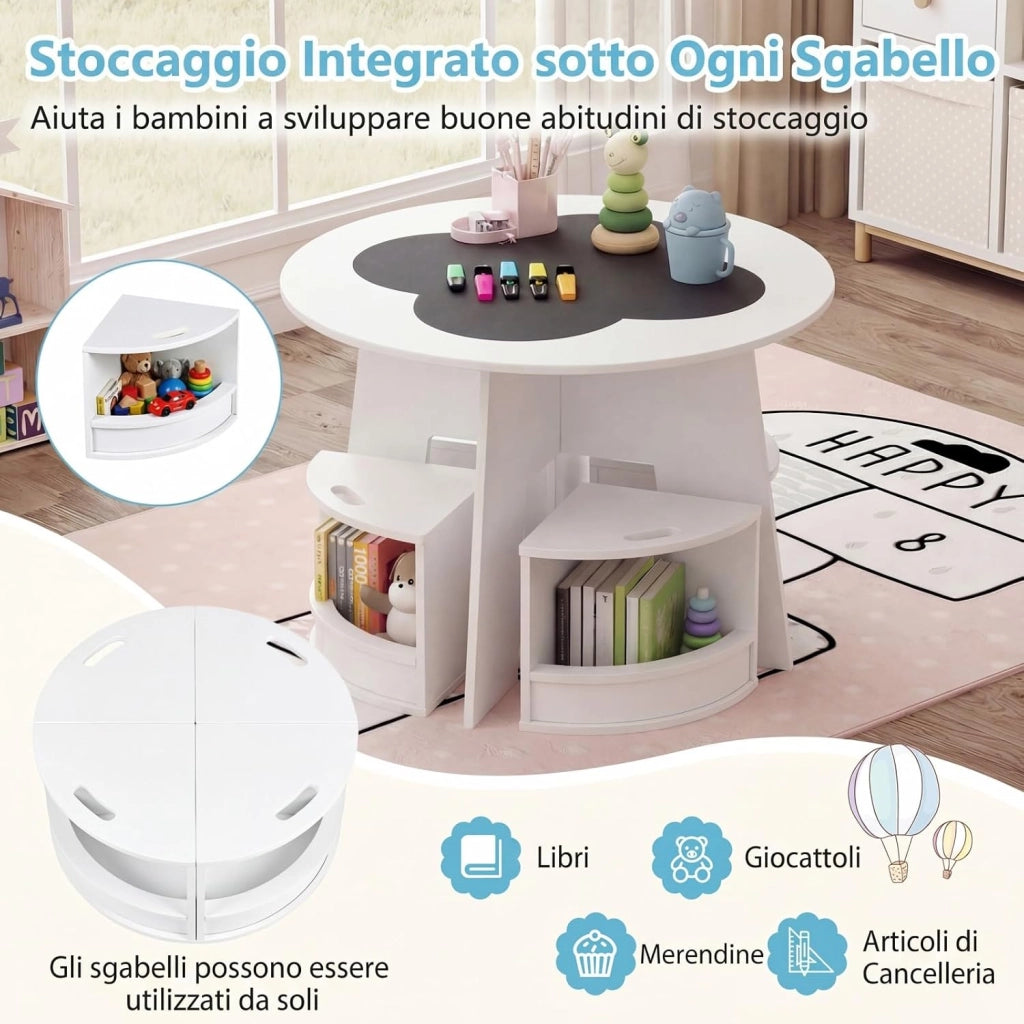 2 in 1 Set Tavolo Rotondo e 4 Sedie per Bambini 3+ Anni (Bianco) | Set Tavolo in Legno Salvaspazio e Sedie con Portaoggetti per Cameretta Ragazzi e Scuola