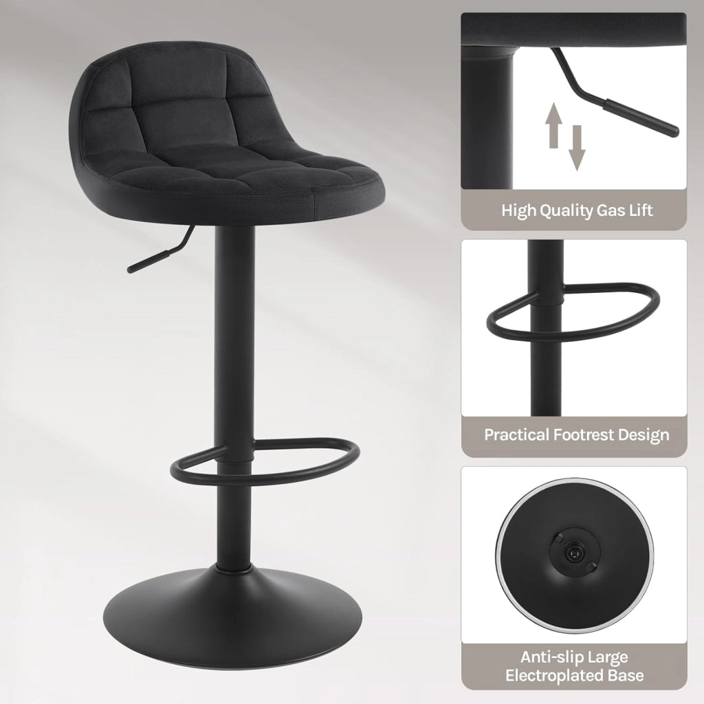 Set di 4 Sgabelli da Bar con Schienale Sedia Alta da Cucina Imbottita Seduta Regolabile in Altezza 60-82cm con Poggiapiedi Girevole a 360° in Velluto, Nero BH317sz-4