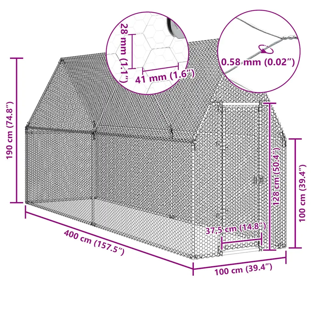 Gabbia per Polli Argento 400x100x190 cm in Acciaio Zincato CFW3624011