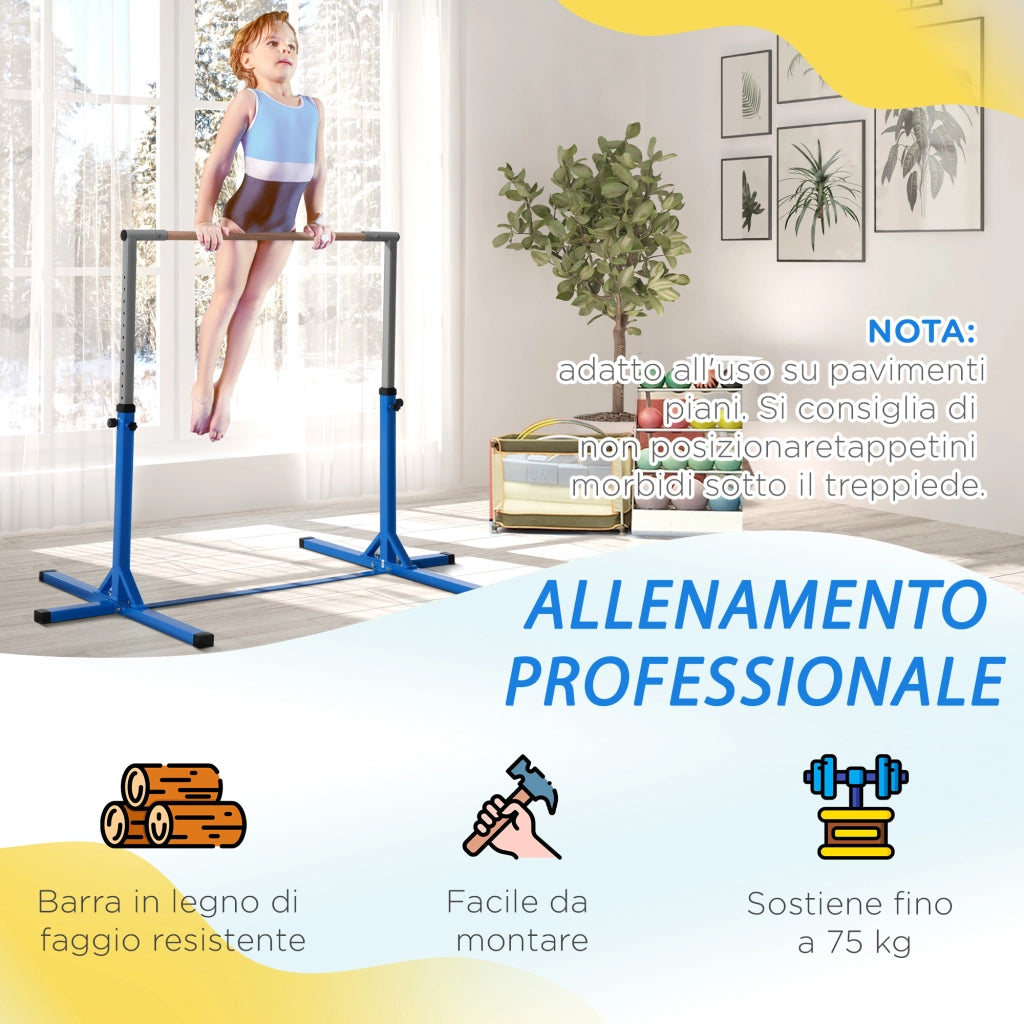 Sbarra per Ginnastica Artistica o Danza Classica Altezza Regolabile 92-150 cm in Acciaio e Legno Blu