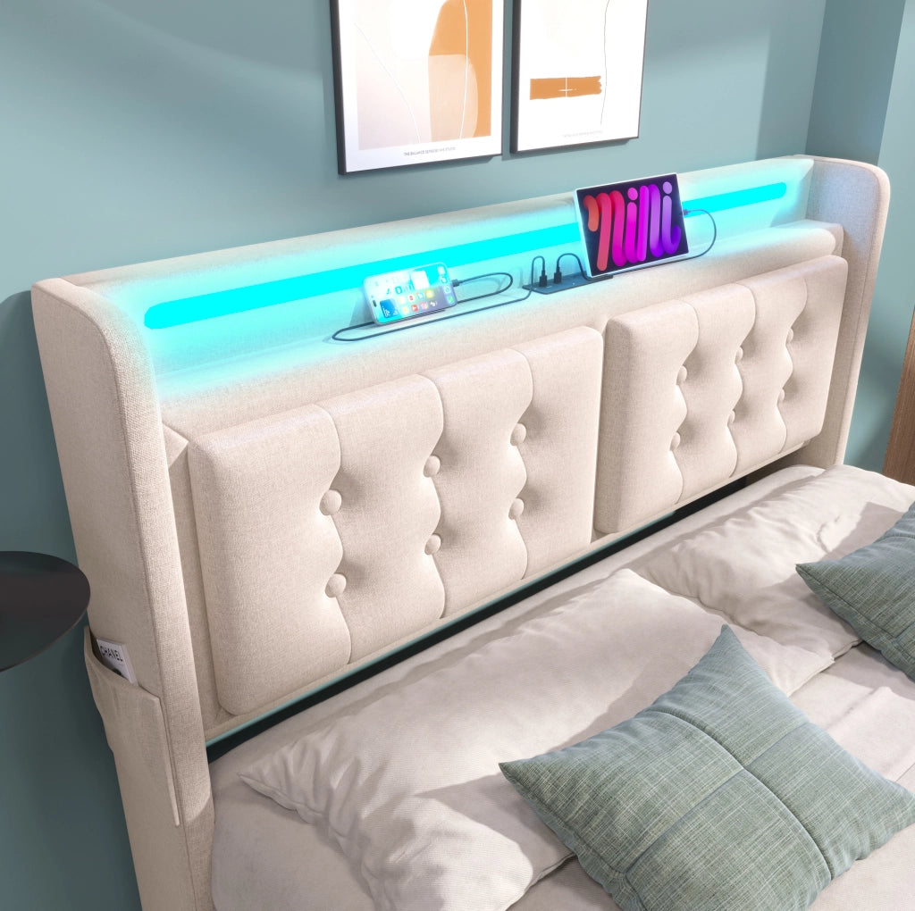 Letto 140x200 cm con LED; USB Type-C; 4 cassetti e rete a doghe; Beige