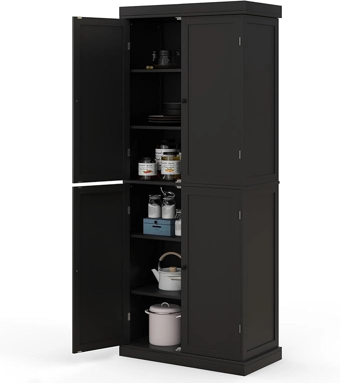 Credenza da Cucina, Mobile da Cucina Moderno con 6 Ripiani, 2 Ripiani Regolabili, per Cucina, Sala da Pranzo e Soggiorno, 76 x 40 x 184,5 cm (Nero)