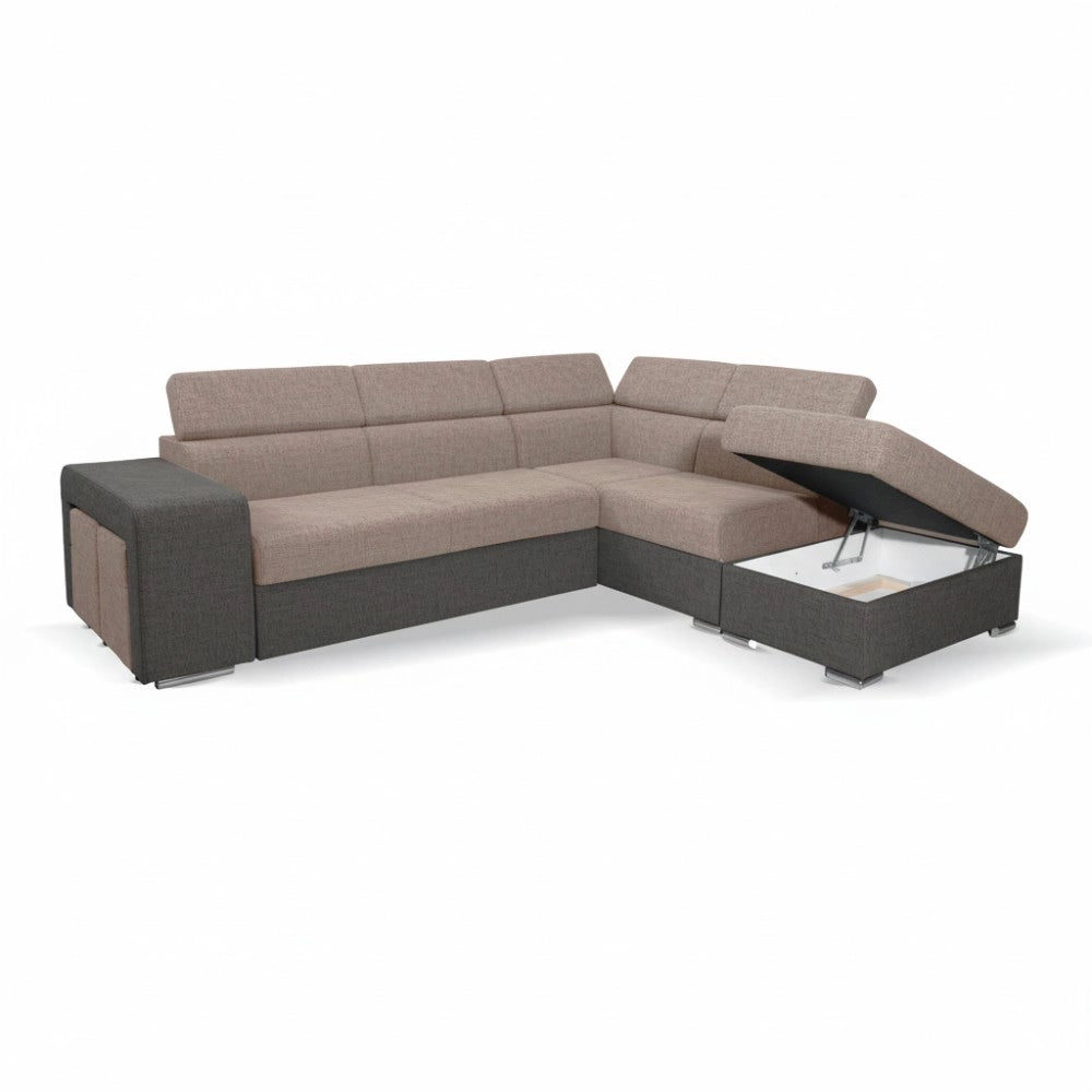Divano Letto Angolare Sophie con Penisola Destra, 2 Pouf Estraibili e Pouf Contenitore – Tortora e Grigio Scuro