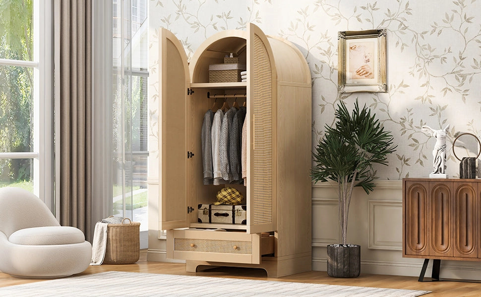 Armadio con 2 ante e 2 cassetti, porte effetto rattan, per camera da letto, in legno, colore legno 70 × 55 × 170 cm