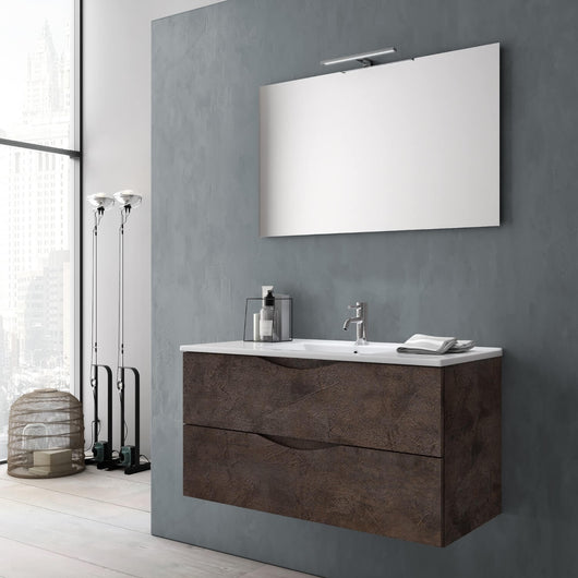 Mobile da Bagno Sospeso con Lavabo Specchio e Lampada a LED TFT Marte Marrone Effetto Pietra