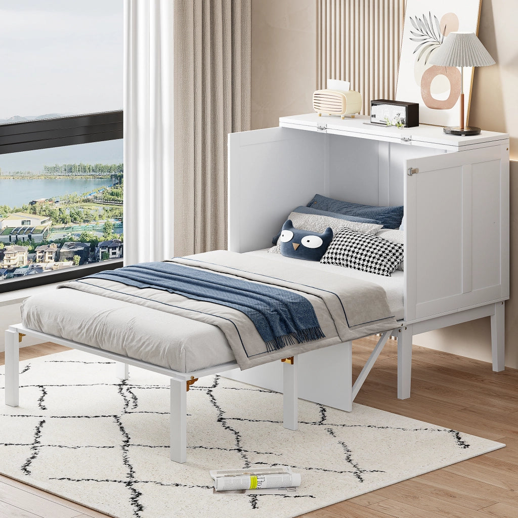 DESMIU Letto a scomparsa 90 × 200 cm 1 posto con vano portaoggetti e piano d'appoggio, senza materasso, bianco