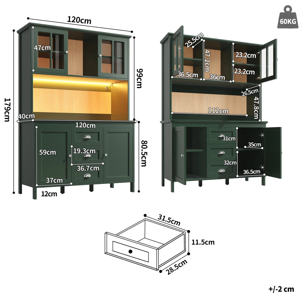 Credenza da cucina con ante in vetro marrone, ripiani regolabili, LED e cassetti, per cucina, verde 120 × 40 × 179 cm