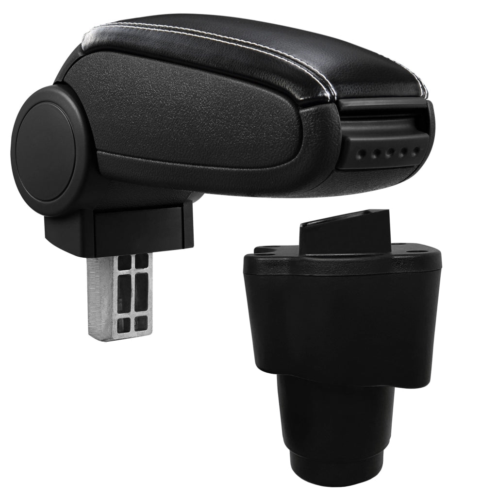 Bracciolo Centrale con Vano Portaoggetti per Auto Poggiabraccio per Automobile Specificata in Marca - Rivestimento in Similpelle - Nero con Cucitura Bianca - Dacia Sandero II