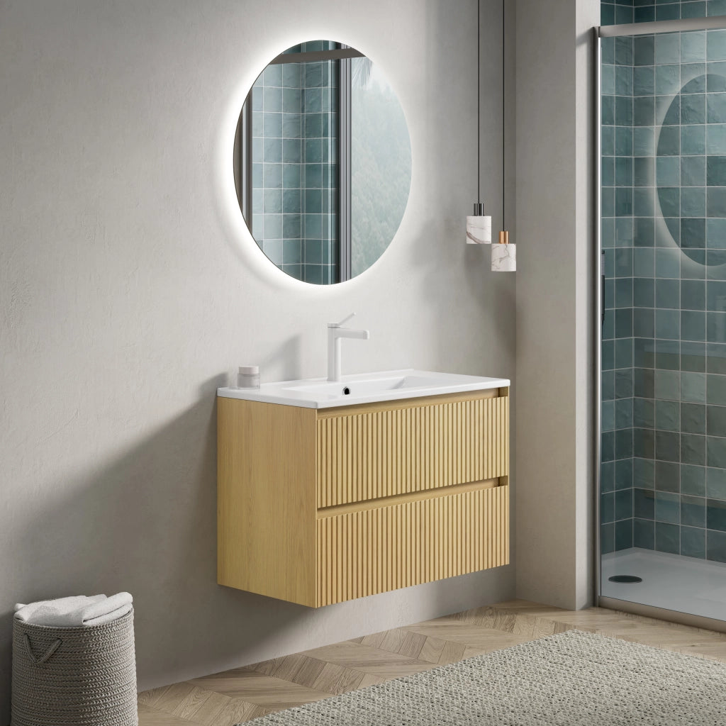 Mobile bagno sospeso con lavabo integrato in ceramica; 2 cassetti con chiusura ammortizzata; rovere e bianco
