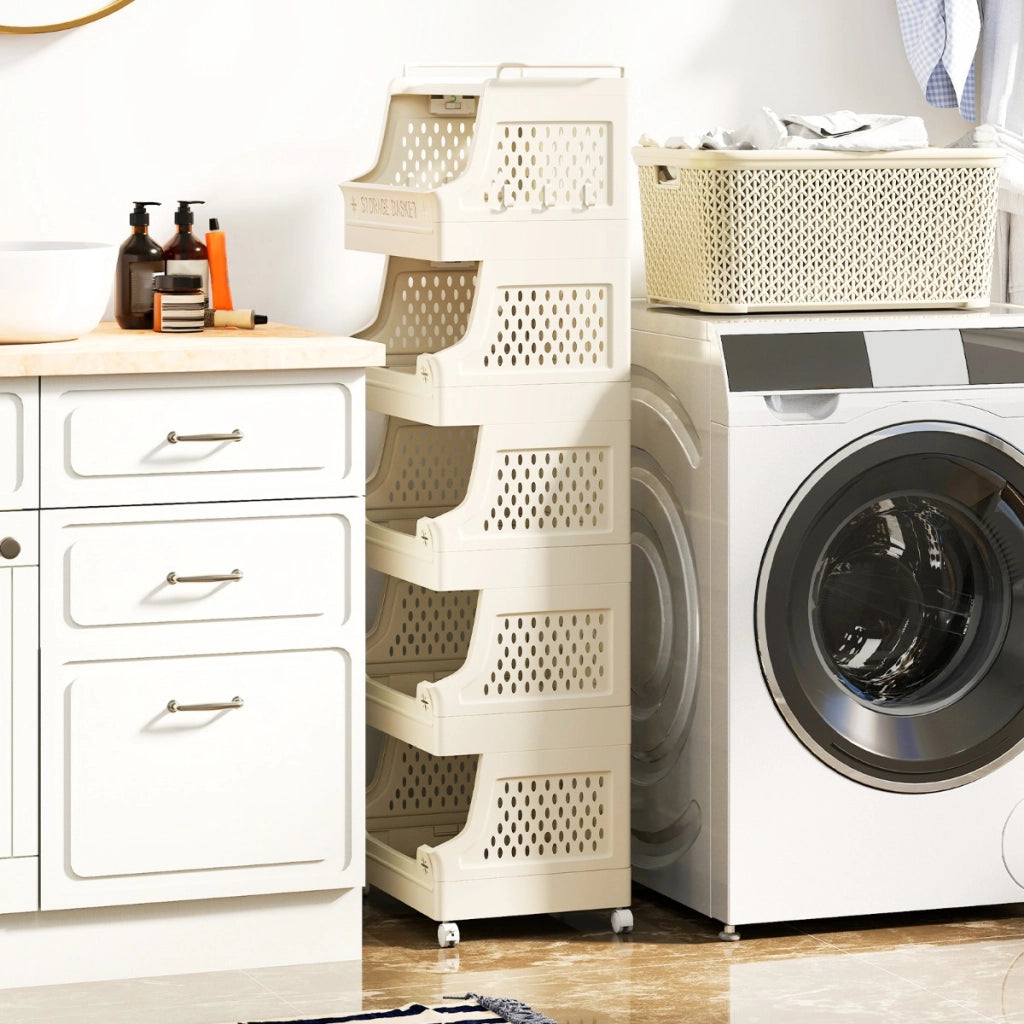 Cestino per bucato 6 piani carrello impilabile in plastica, Cestino per bucato organizzatore aperto per lavanderia Beige-Cesti del bucato