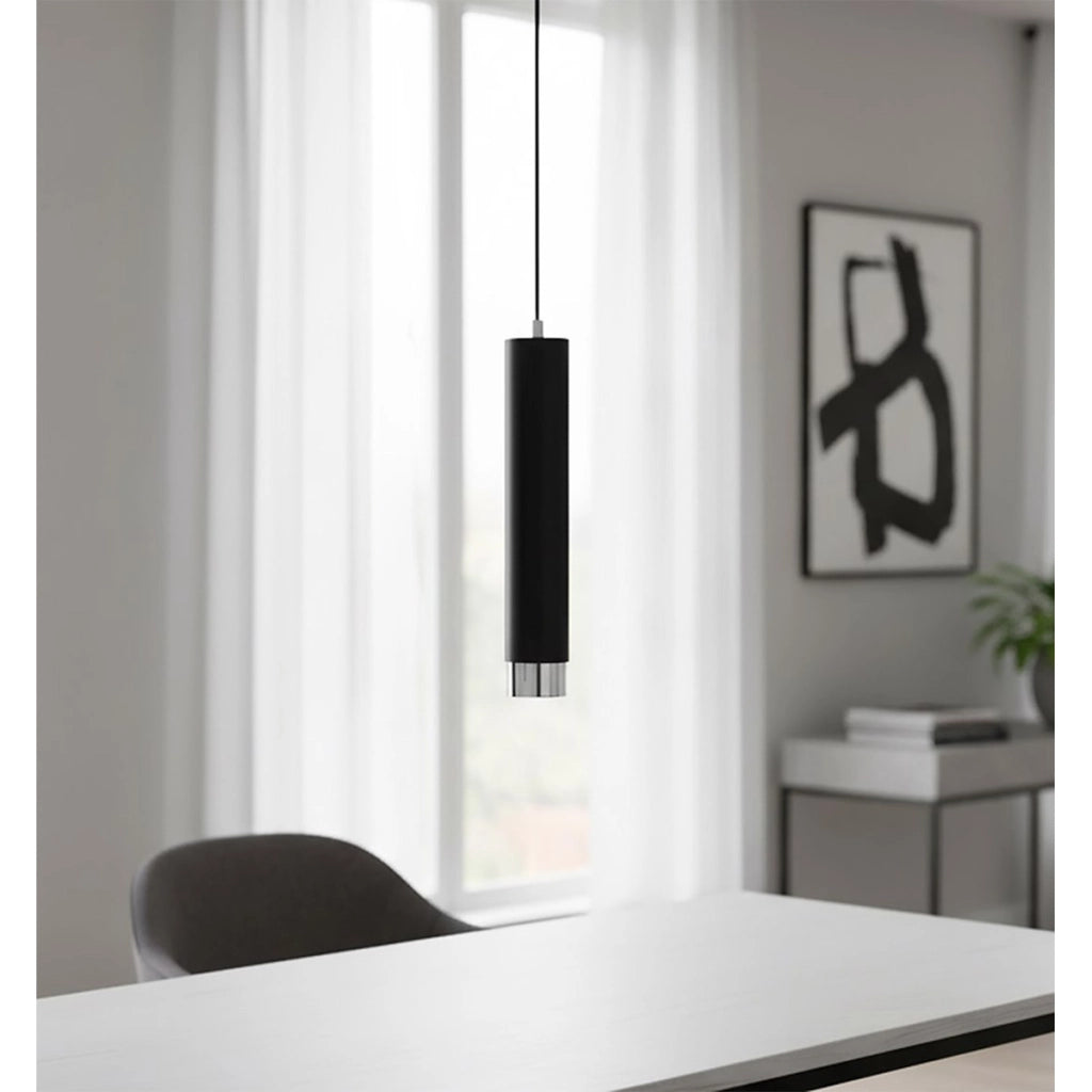 Lampada a sospensione KIBO in acciaio nero con dettagli cromo