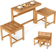 3 in 1 Set Tavolo e Sedie da Esterno, Panchina Trasformabile in Legno di Acacia, Porta Piante a 2 Livelli, Piano del Tavolo Ribaltabile, Set Mobili per Cortile Terrazza e Balcone