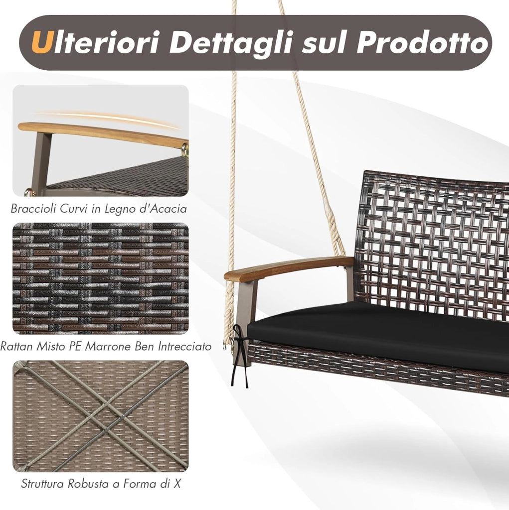 Dondolo Sospeso per Esterno a 2 Posti, Altalena da Giardino con Cuscino, Sedia Sospesada Gairdino con Braccioli, per Portico, Capacità di carico di 360 kg (Nero)