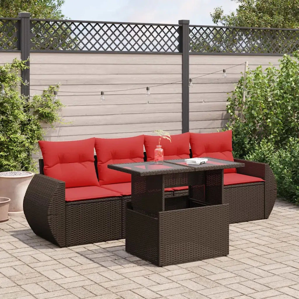 Set Divano da Giardino 5 pz Cuscini Marrone Polyrattan e Acacia 3326565