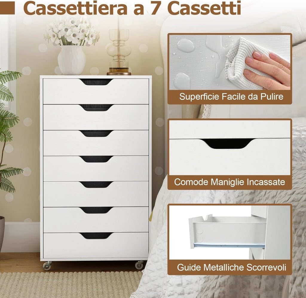 Cassettiera da Ufficio con 7 Cassetti, Mobiletto per Documenti con 4 Ruote Girevoli, Cassettiera da Scrivania in Legno per Ufficio e Soggiorno, 49 x 40 x 87 cm (Bianco Noce)