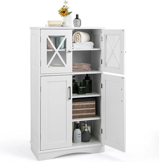 Cassa da bagno in legno, cassettiera bianca con 4 porte e tavolo regolabile per soggiorno, cucina, ingresso, 60 x 30 x 108 cm