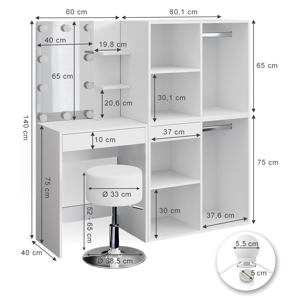 Vicco Tavolo da toeletta Bianco 140 cm con LED, sgabello e armadio