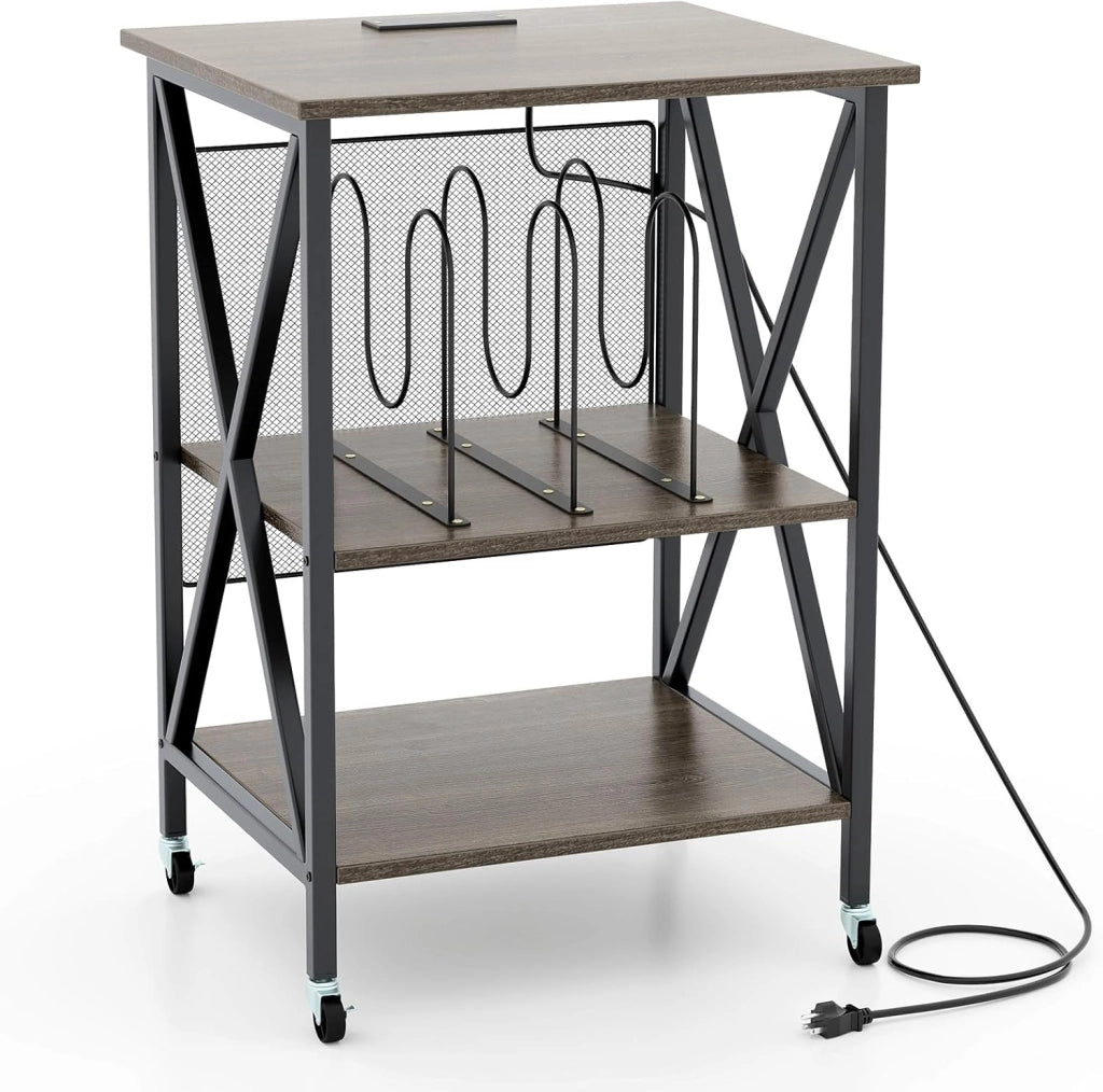 Supporto per Giradischi, Tavolo per Conservare Dischi in Vinile, Tavolo per Giradischi in Stile Mid-Century con Stazione di Ricarica, Ruote Bloccabili per Camera da Letto, Soggiorno (Grigio)