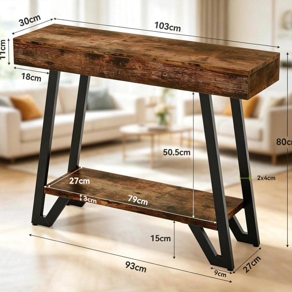 Tavolino 103x30x80 cm in MDF e metallo， marrone rustico e nero， stile industriale