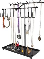 Display Stand con 2 Livelli e Base con Trattino per Accessori (30 Ganci) - Tavolo di Deposito Adattabile per Collane, Bracciali, Anelli, Orecchini e Orologi