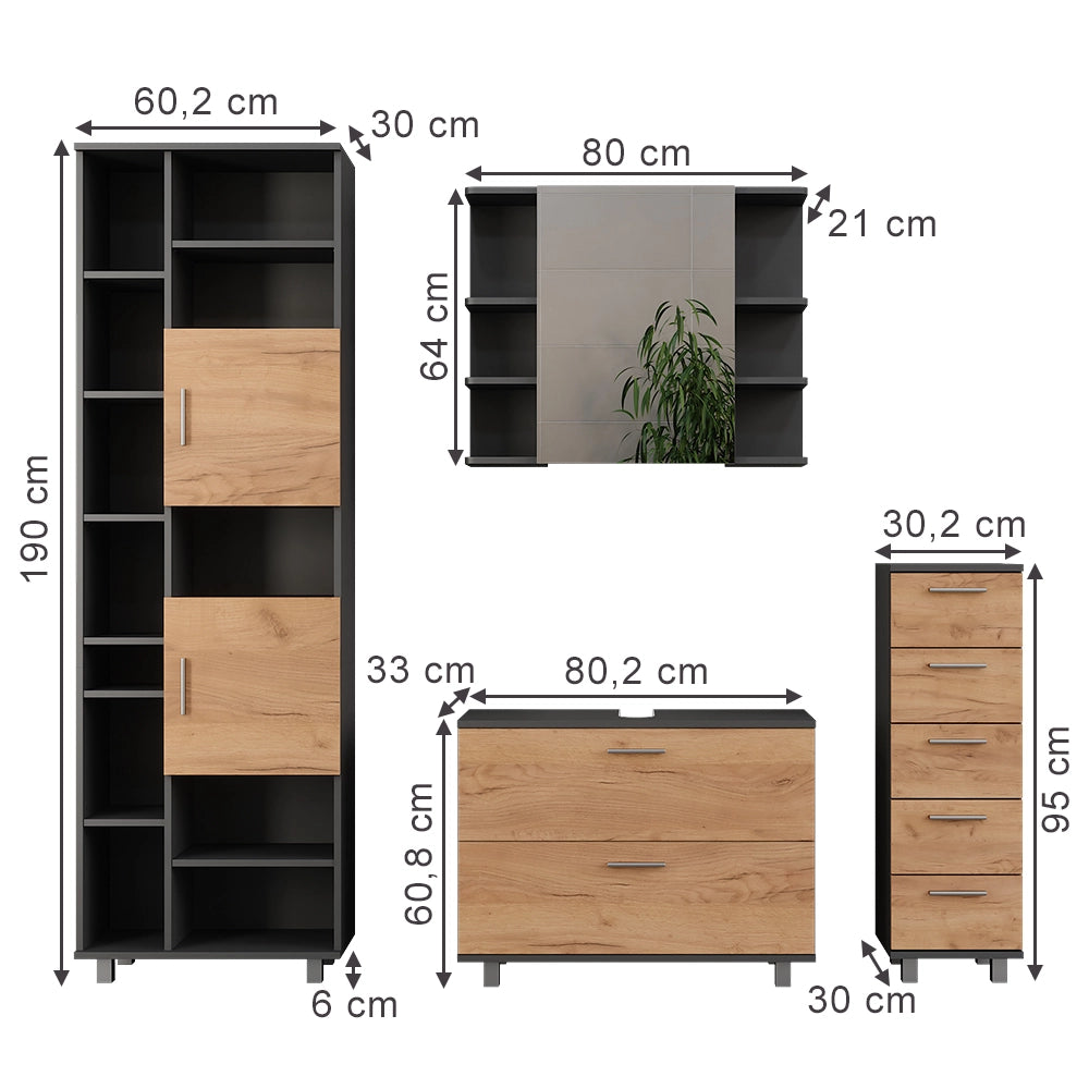 Vicco Set di mobili da bagno Quercia dorata/antracite 4 pezzi, con colonna