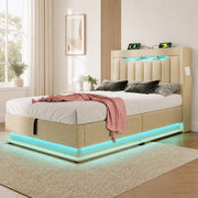 LETTO contenitore 90x200 cm in lino beige con LED e ricarica USB/Type-C