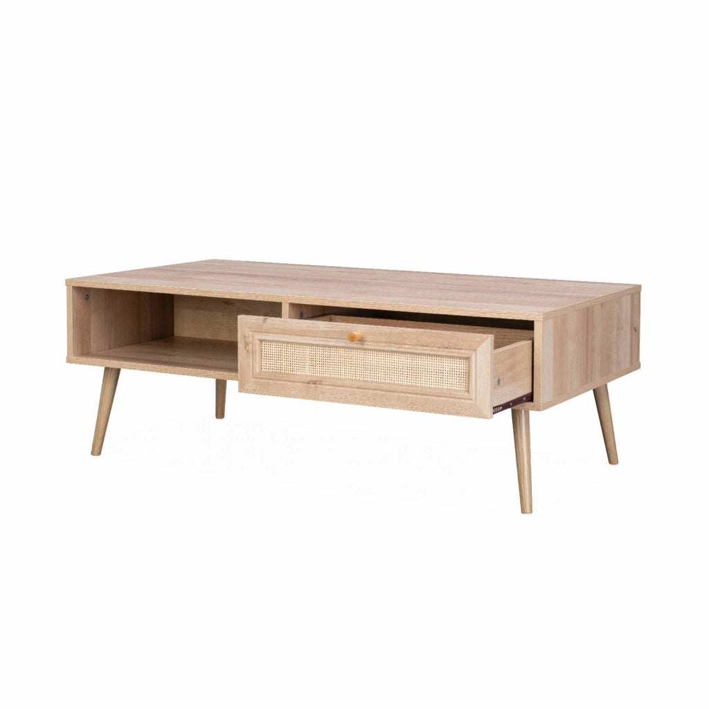 Tavolino scandinavo in vimini, 1 cassetto, marrone naturale