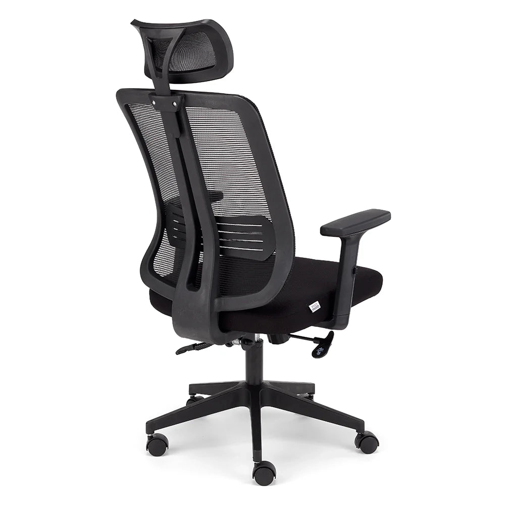 Sedia Girevole da Ufficio Nairobi, massima ergonomica, schienale alto con supporto lombare reclinabile, poggiatesta regolabile, rete traspirante, alzata a Gas, colore Nero