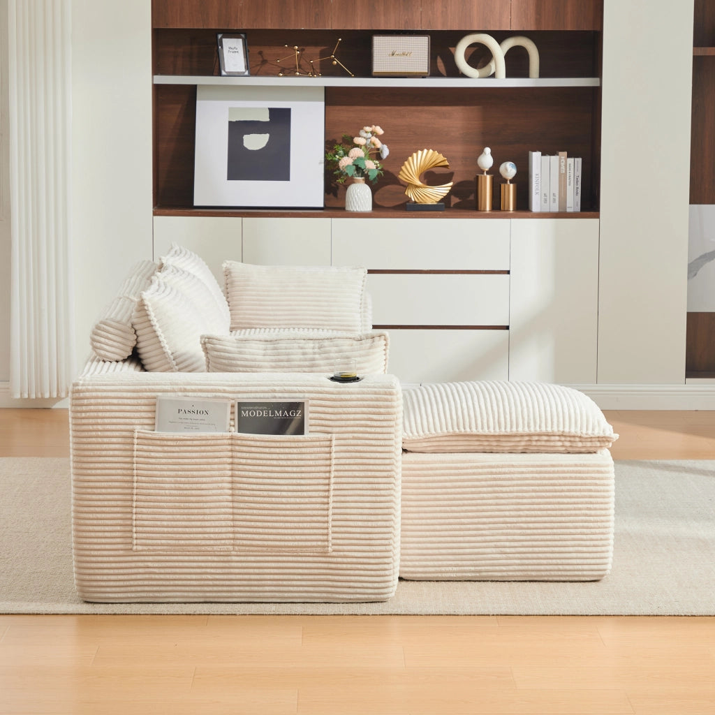 Divano modulare 3 posti con cuscini e tasche laterali in corduroy beige per salotto e ricevimento 256 × 161 × 75 cm