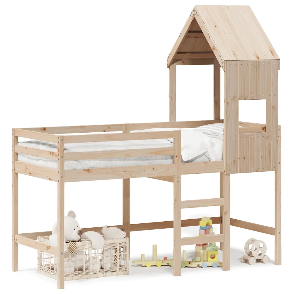 Letto Soppalco con Scala e Tetto 90x190 cm Legno Massello Pino