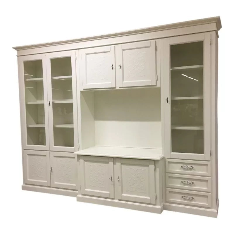 Parete attrezzata porta tv classica in legno decoro shabby bianco 300x53x225 - Mobili 2G