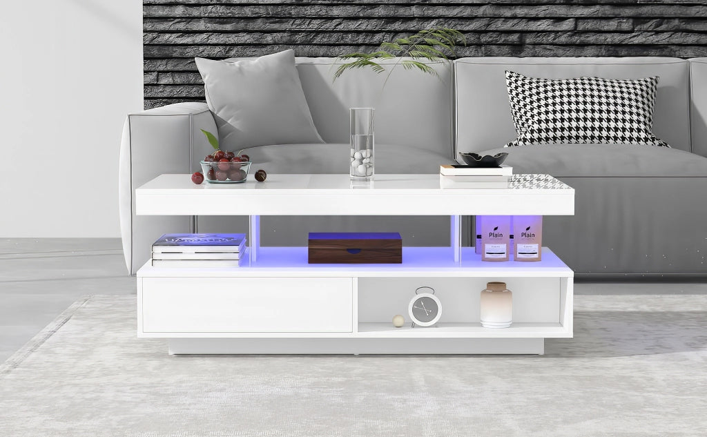 TAVOLINO DA SALOTTO 95x50x42,5 cm Bianco Lucido con 2 cassetti e 2 vani aperti