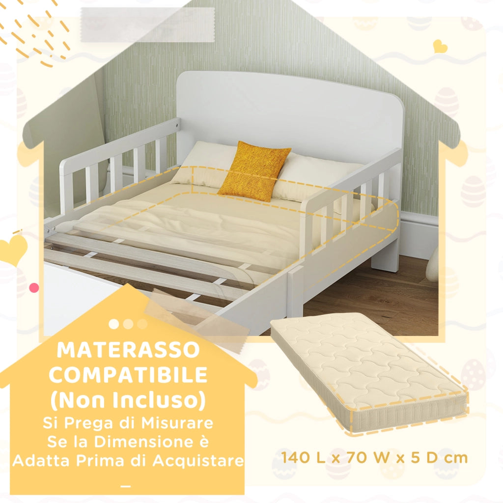 Letto per Bambini 3-8 Anni Basso con Sponde Laterali e Bordi Lisci ¨C Minimal ¨C Legno Bianco 143.5x74.2x54 cm