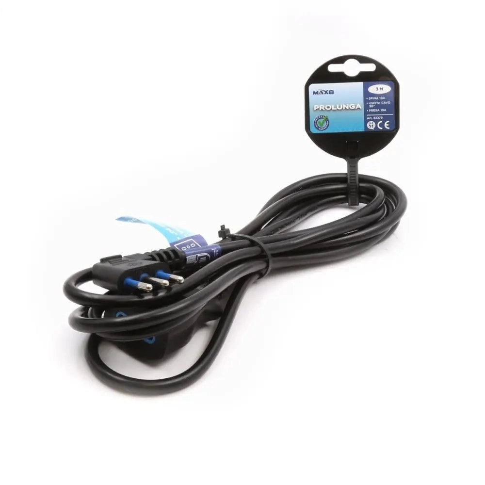 Trade Shop - Prolunga Lineare Nera Spina 10a 2p+t + Presa 10a 2p+t Uscita Cavo 3 Mt 90° 83279 -