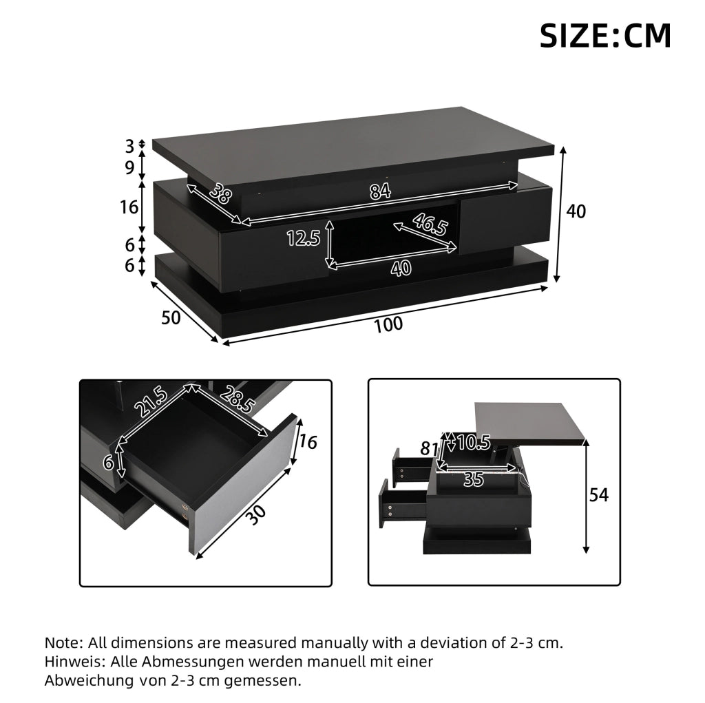 Tavolino da salotto elevabile con LED; 2 cassetti; USB; 100 x 50 x 40 cm; nero