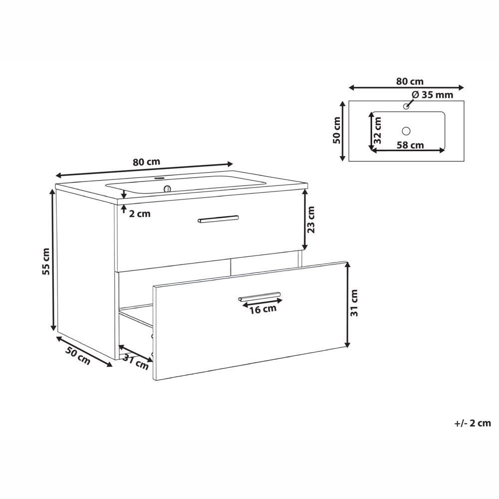Mobile bagno sospeso con lavabo Frontale in MDF 2 cassetti 80 x 46 cm Marrone chiaro
