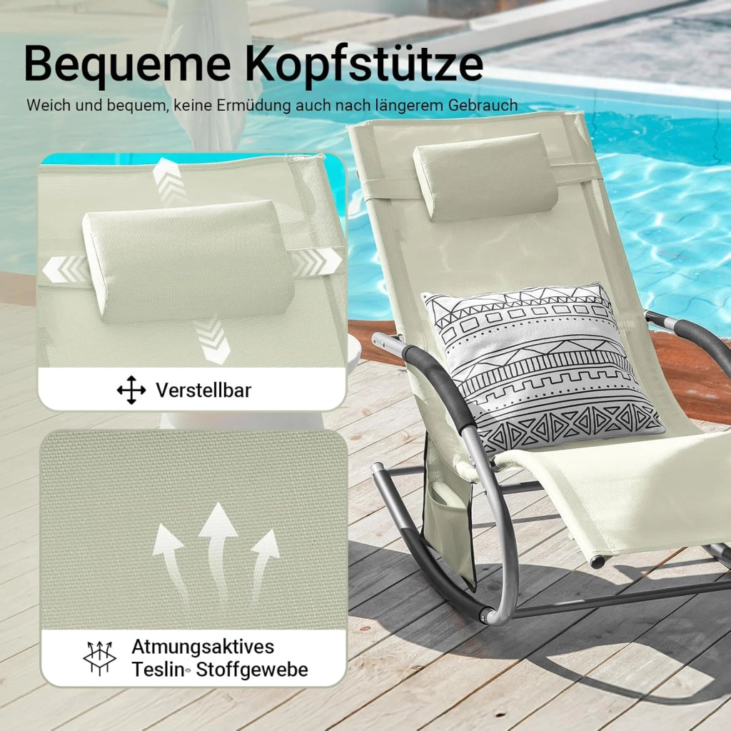 Lettino Sdraio da Giardino a Dondolo - Sedia a Dondolo da Esterno in Textilene Beige con Telaio in Metallo, 150x63x87cm, Lettino Prendisole per Terrazza, Piscina, Patio, OGS28-MI