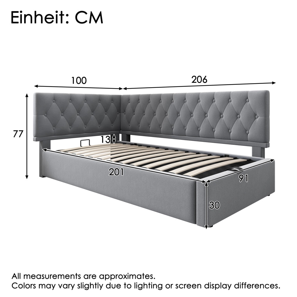 Letto imbottito 90x200 cm con contenitore idraulico e struttura in velluto