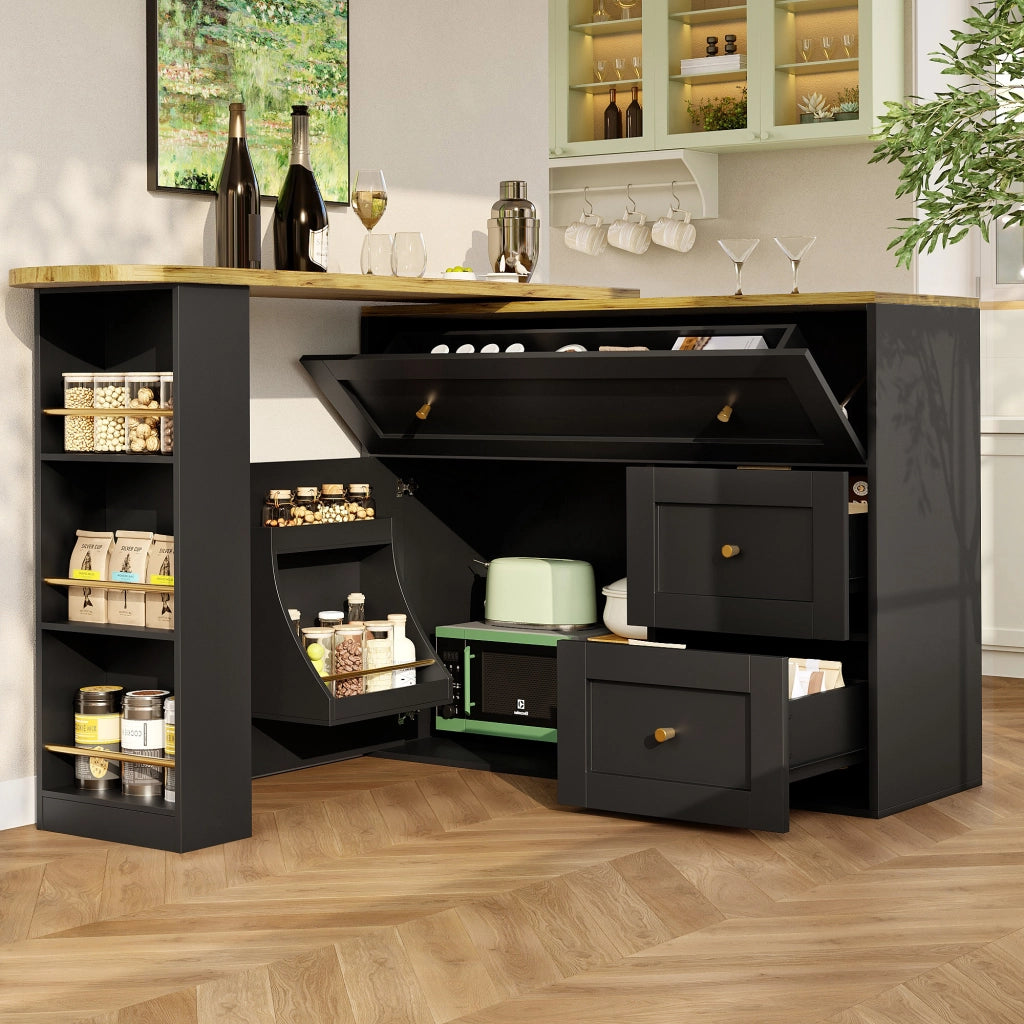Tavolo da Pranzo Allungabile con Contenitore; 2 Cassetti a Ribalta e Piano Girevole; in MDF e Metallo; 138x39x105 cm; Nero