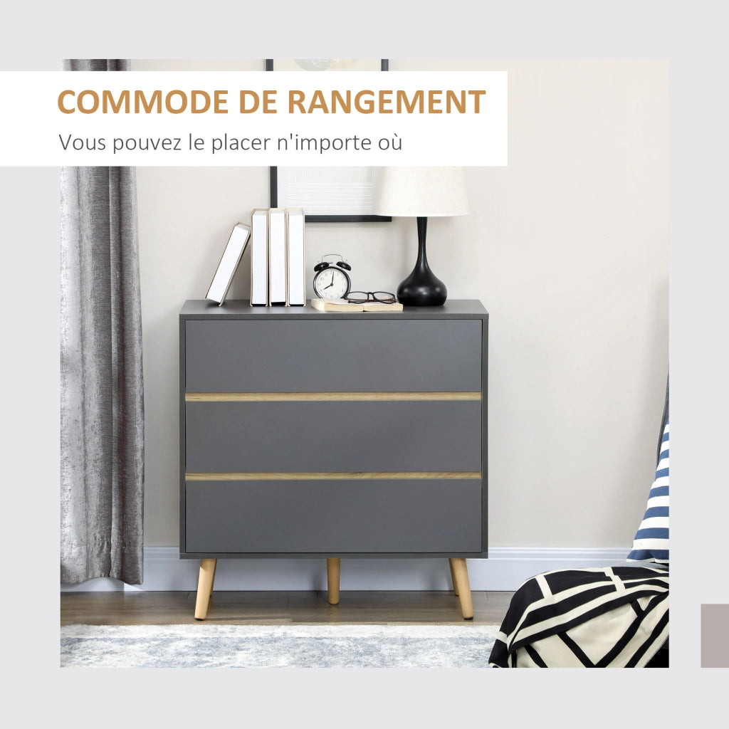 Cassettiera 3 cassetti design scandinavo senza maniglie ¨C zephmum ¨C grigio 80x40x80 cm